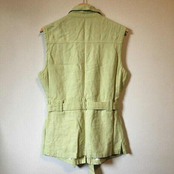 Paco Lime Green Linen Blend Sleeveless Button Up Utility Vest - Picture 2 of 14